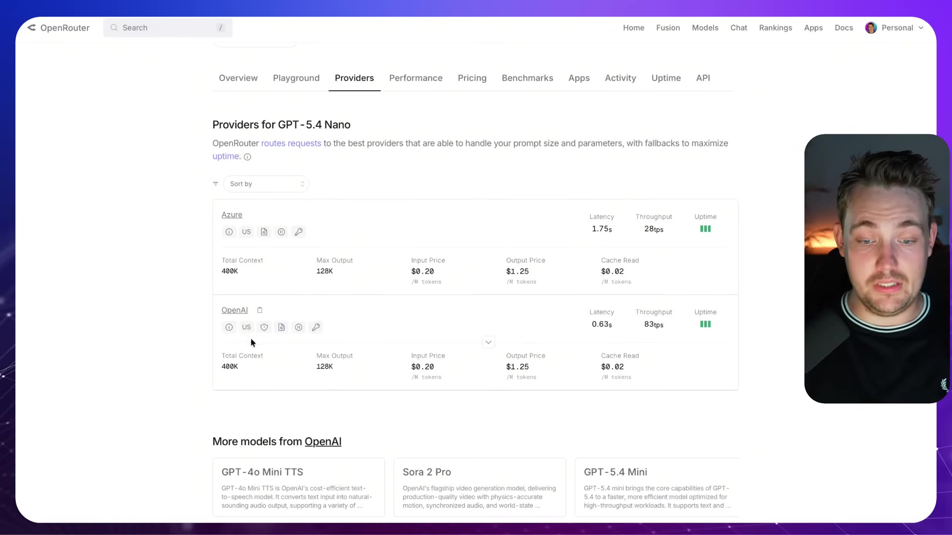 Providers page for GPT-5.4 Nano showing Azure and OpenAI stats
