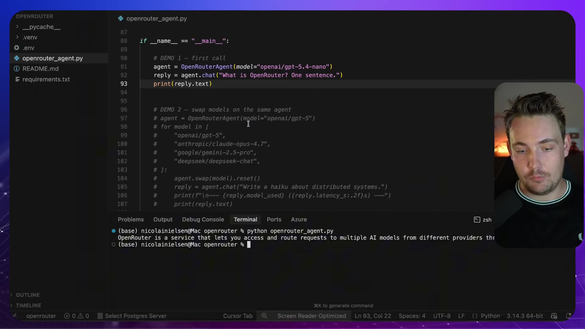 Terminal showing first call answer and DEMO 2 code with model list