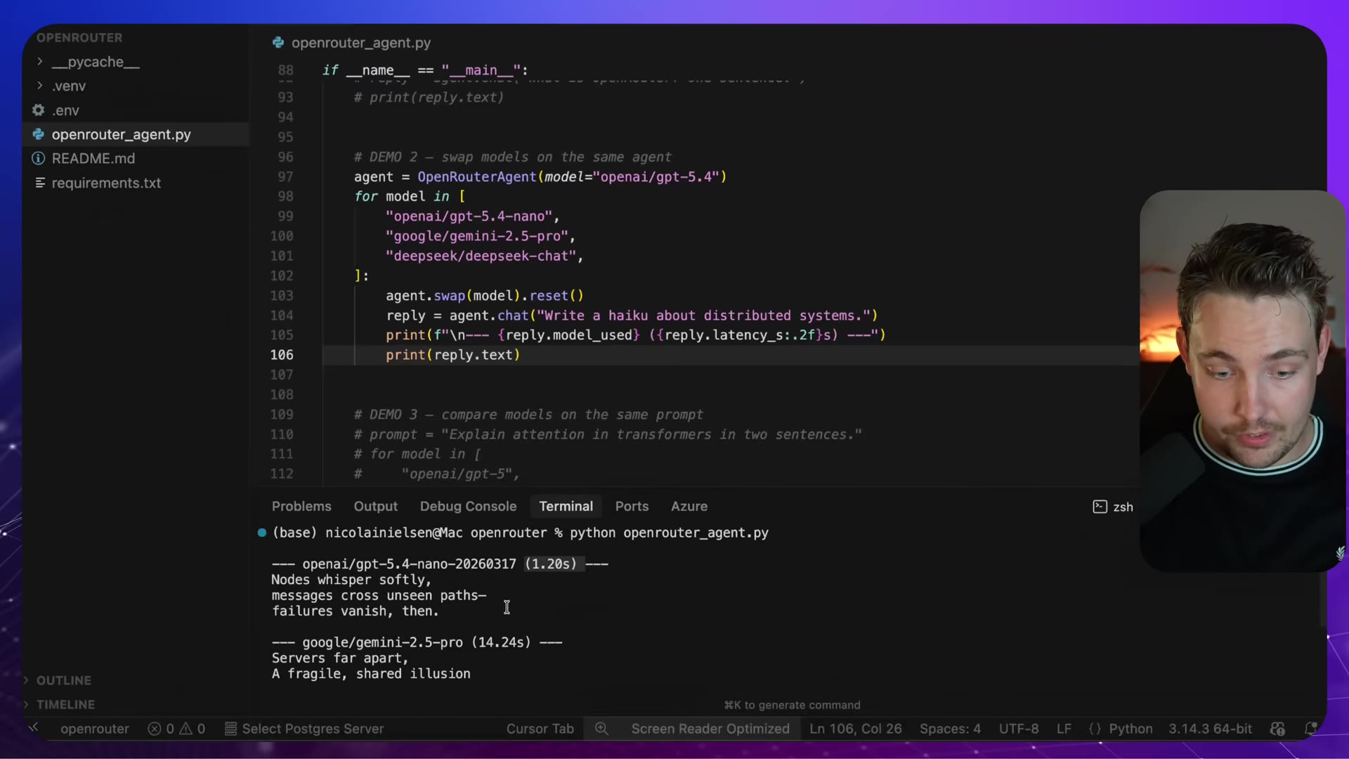 Terminal comparing nano at 1.20s and gemini-2.5-pro at 14.24s on the same prompt