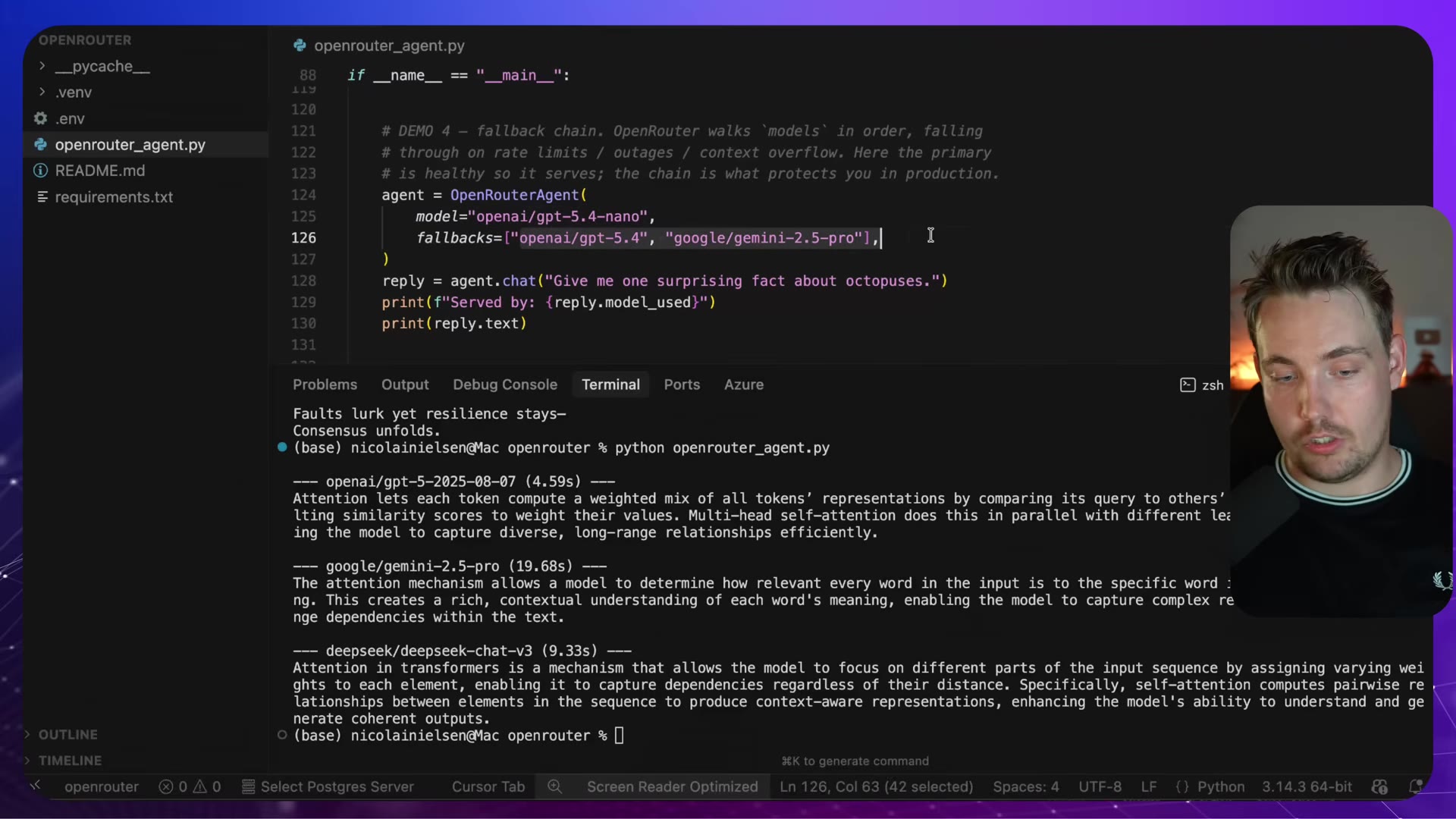 DEMO 4 fallback code above terminal output of the three attention explanations