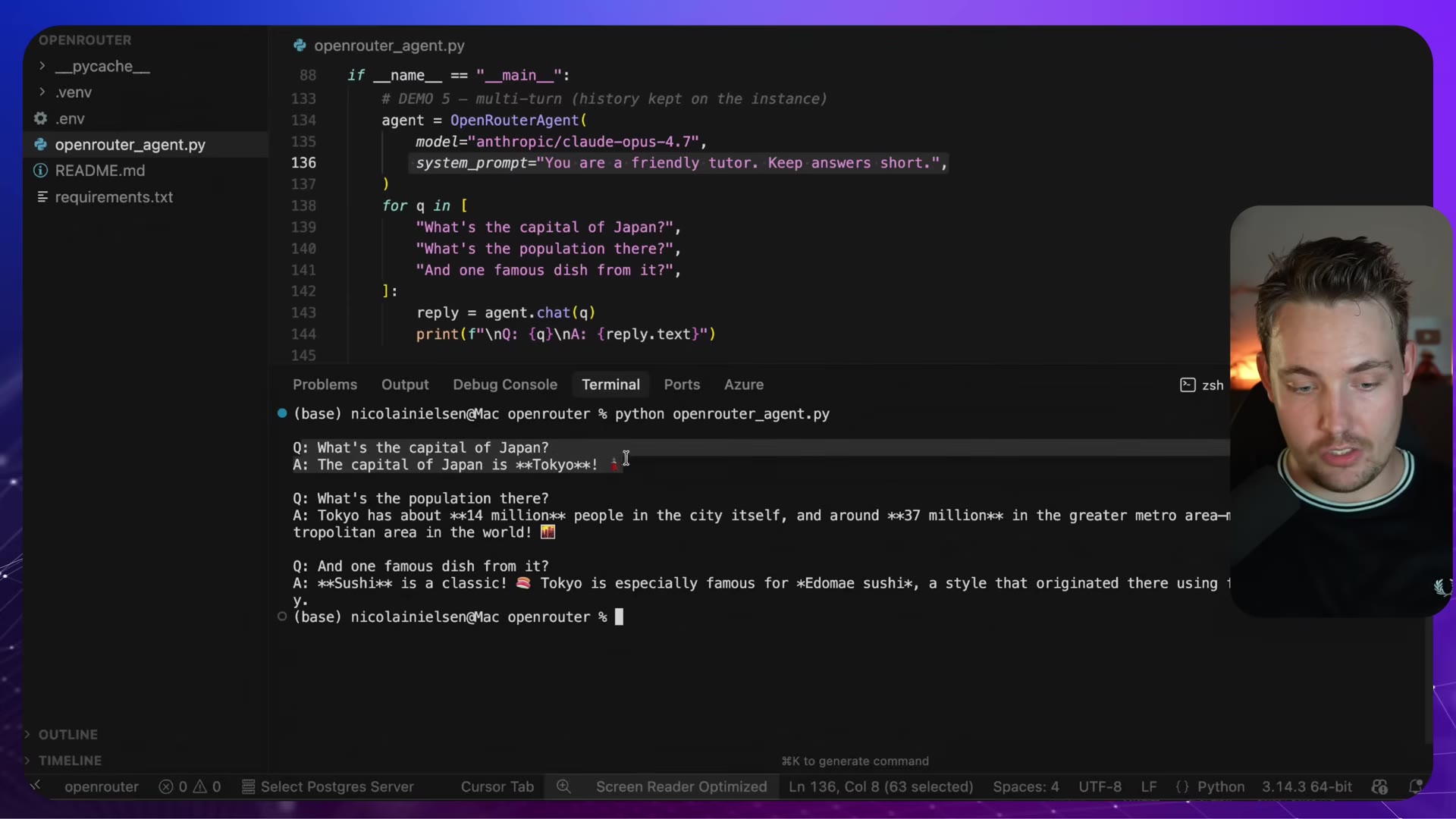 DEMO 5 code and terminal with the Tokyo three-question conversation