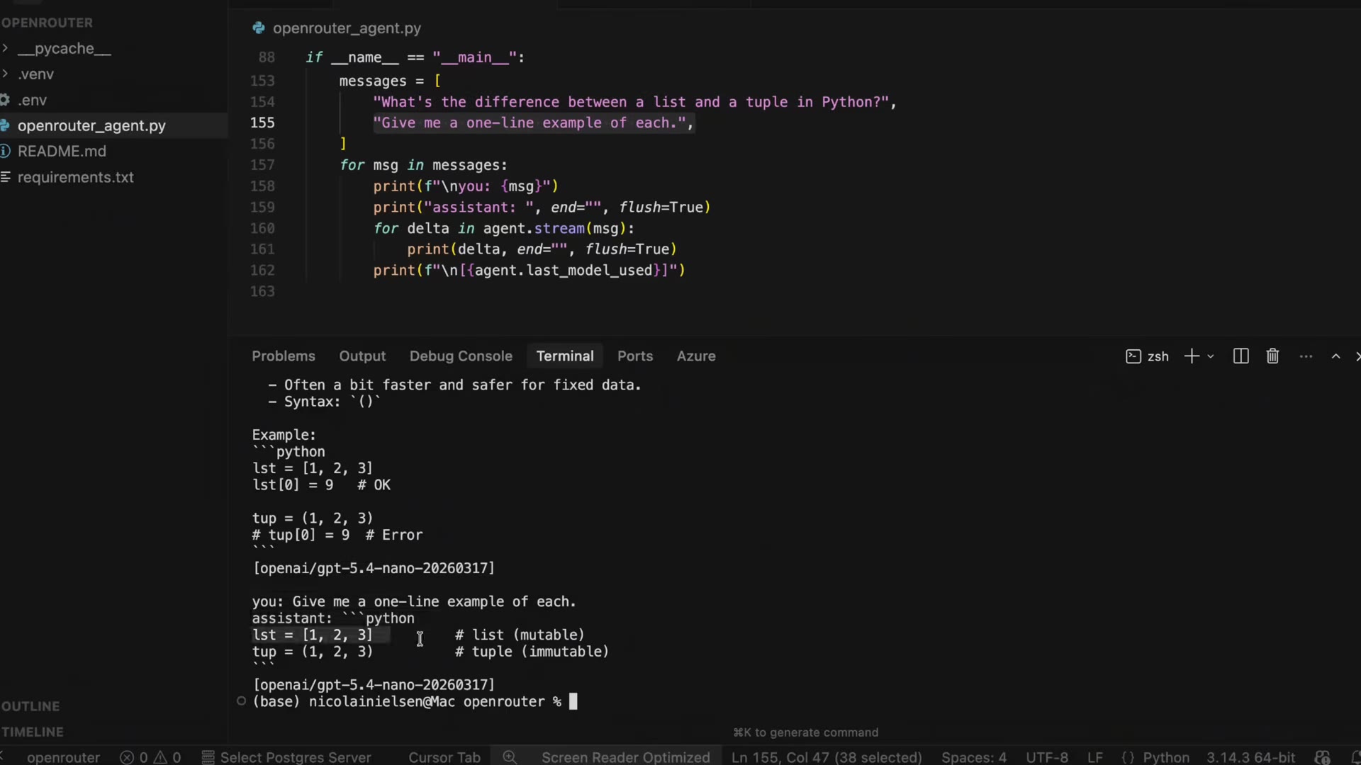 Completed stream with served-model tags after each answer