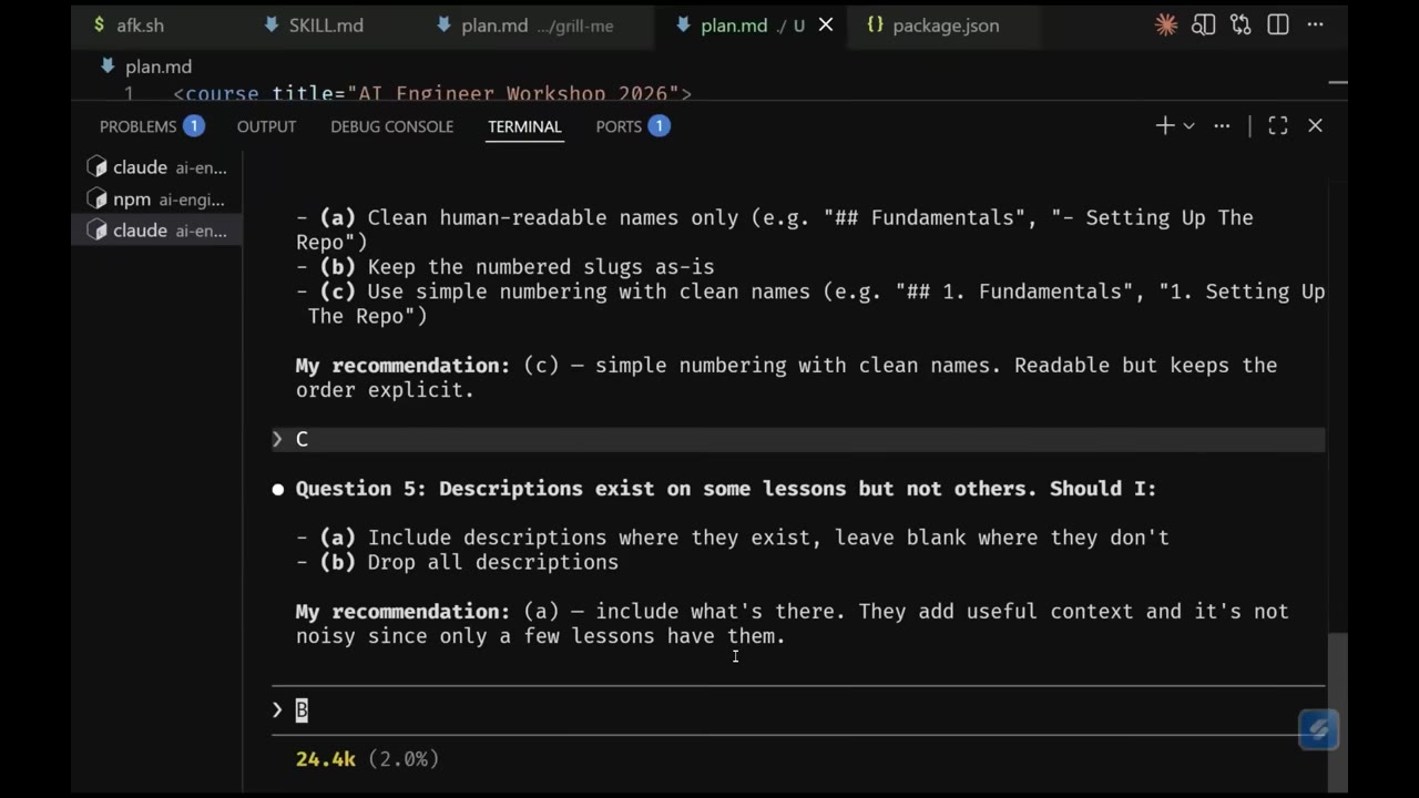 Grill session question with recommendation and token status line