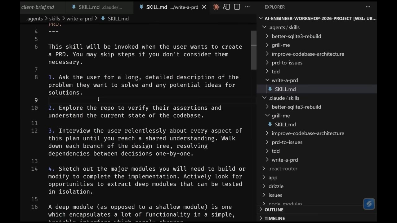 write-a-prd skill text in the editor with the skills folder visible