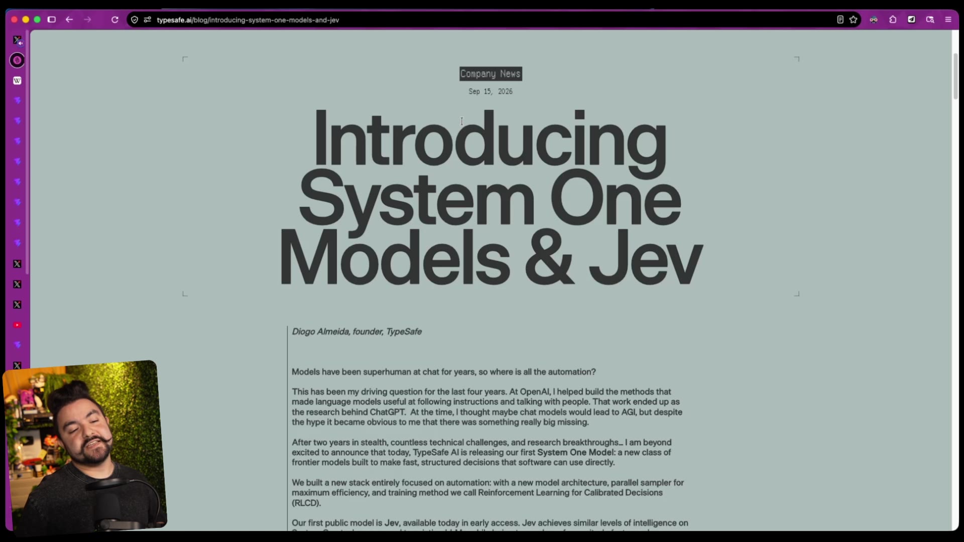 The TypeSafe AI launch post "Introducing System One Models & Jev," bylined Diogo Almeida