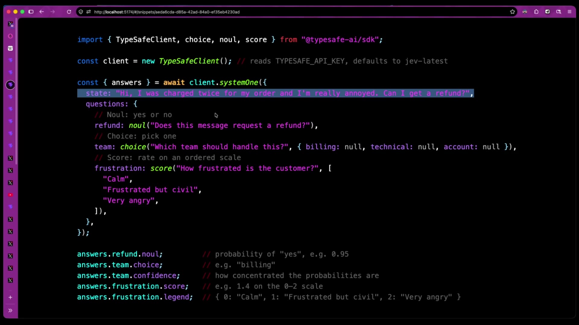 The refund-email code example using the TypeSafe SDK: TypeSafeClient, systemOne, and the noul/choice/score question types