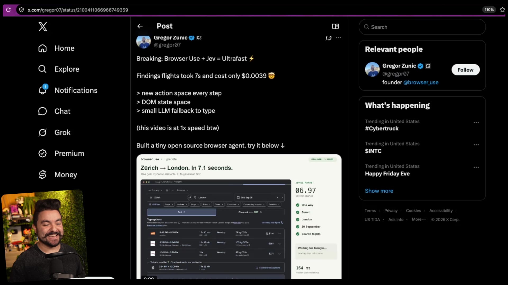 An X post from Gregor Zunic: "Browser Use + Jev = Ultrafast," booking Zurich to London flights in 7.1 seconds