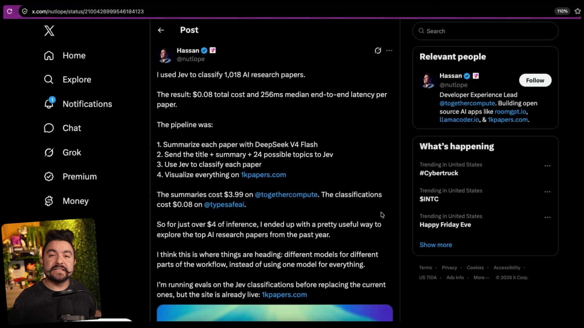 An X post from Hassan (@nutlope): classifying 1,018 AI research papers with Jev for $0.08 total
