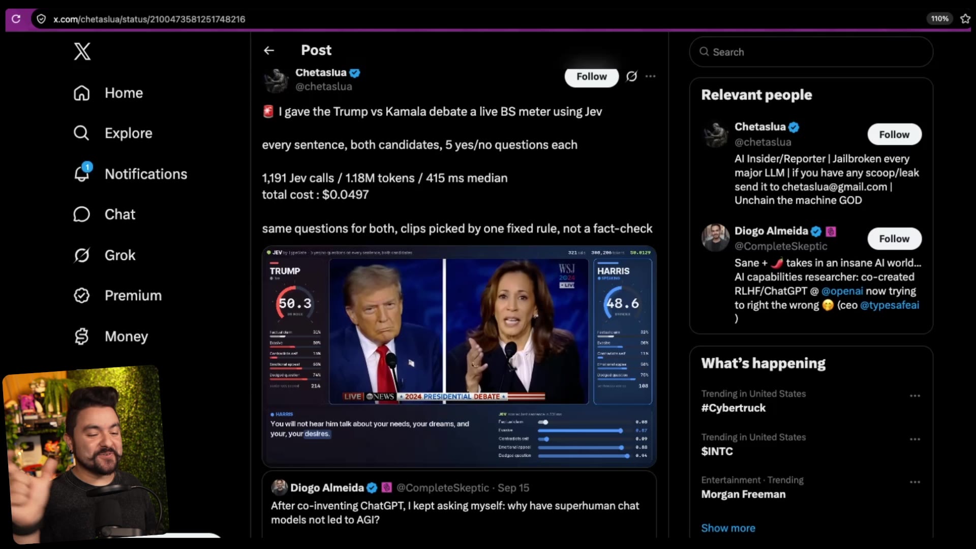 An X post from Chetaslua: a live "BS meter" over the Trump vs Kamala debate, scoring every sentence