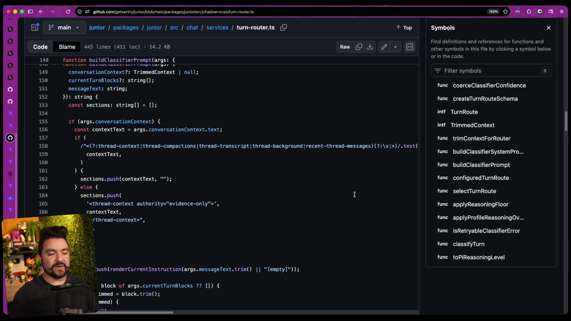 The GitHub source for Sentry's "Junior" turn-router, with functions like selectTurnRoute, applyReasoningFloor, and classifyTurn