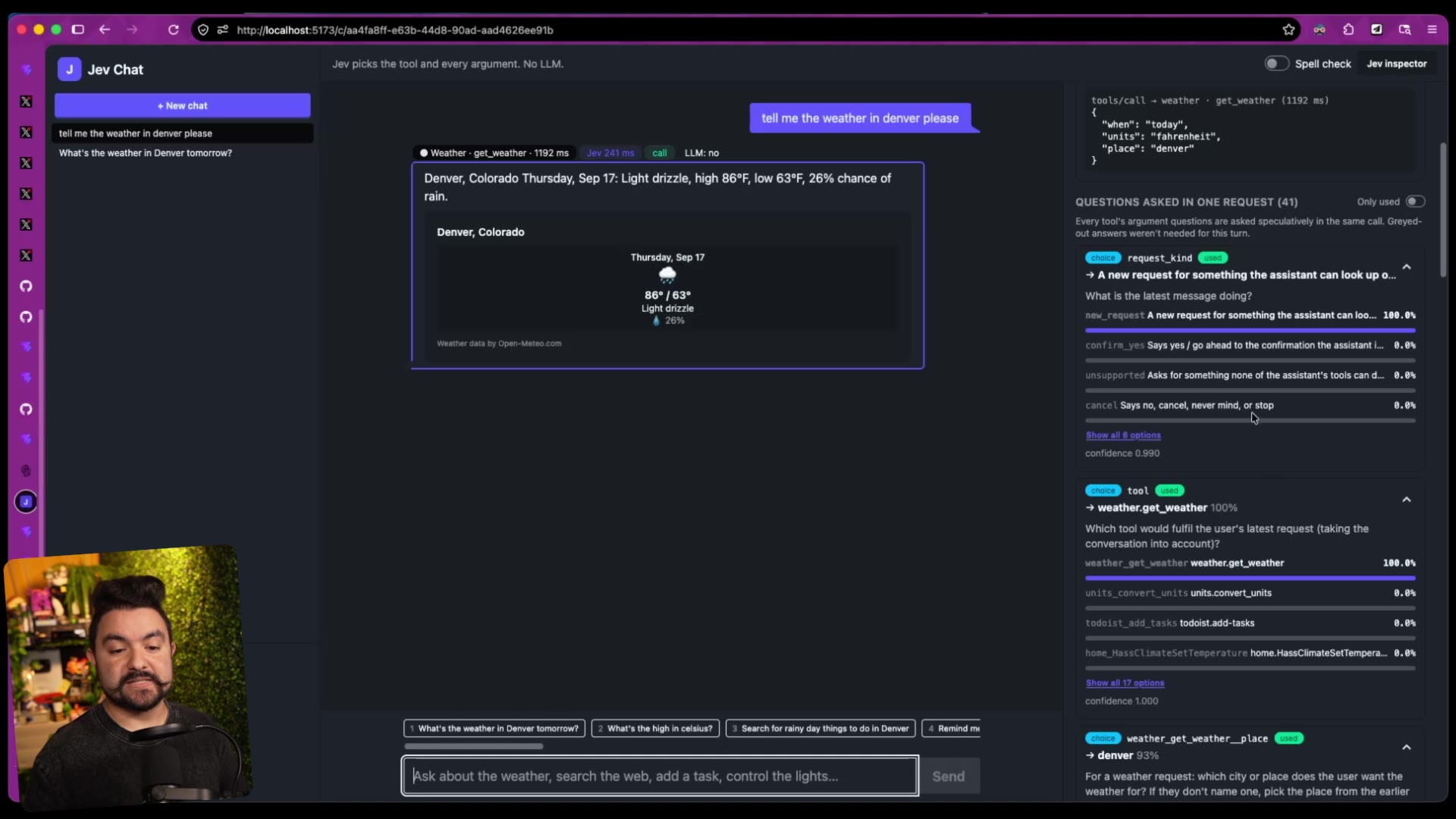 Jev Chat answering "tell me the weather in denver please," with the Jev inspector showing the tool pick and 41 questions asked in one request