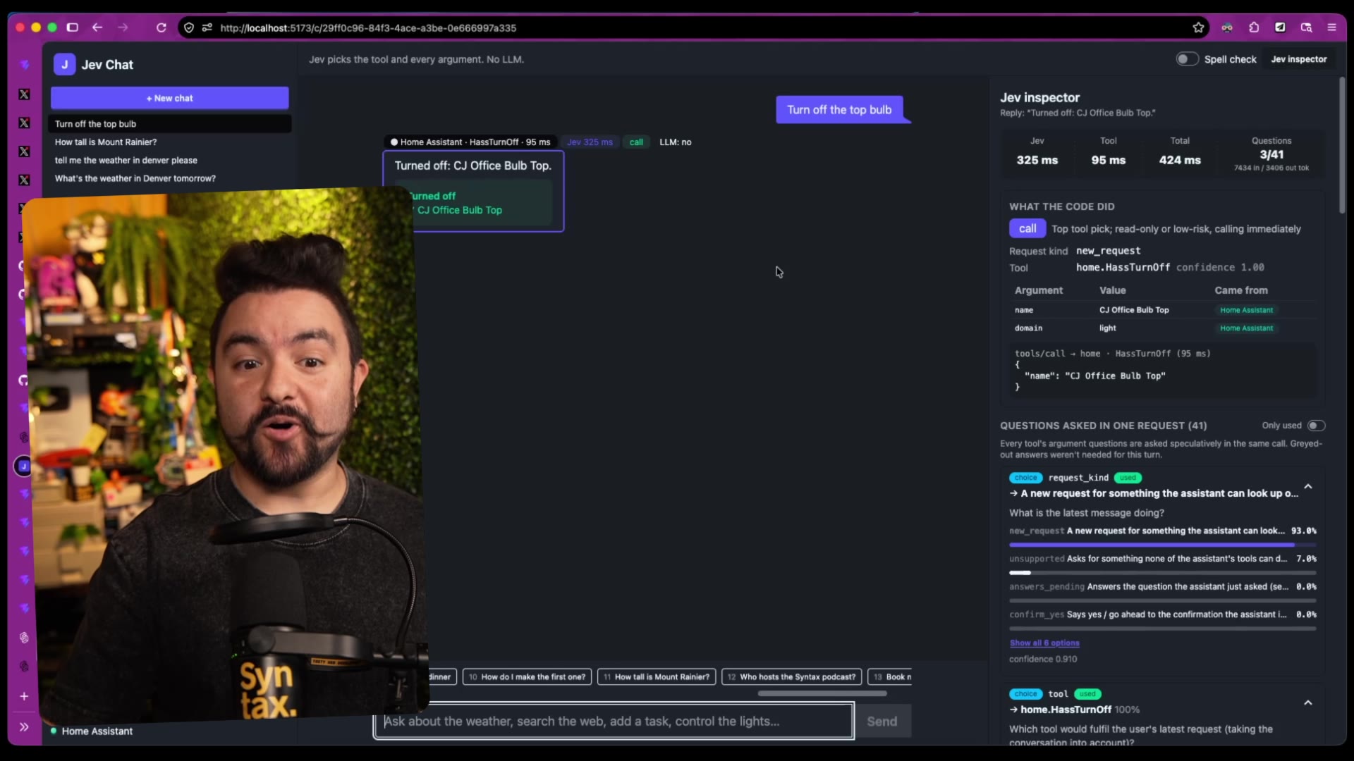 Jev Chat turning off a smart-home light, with the inspector showing a Home Assistant HassTurnOff call in 95ms