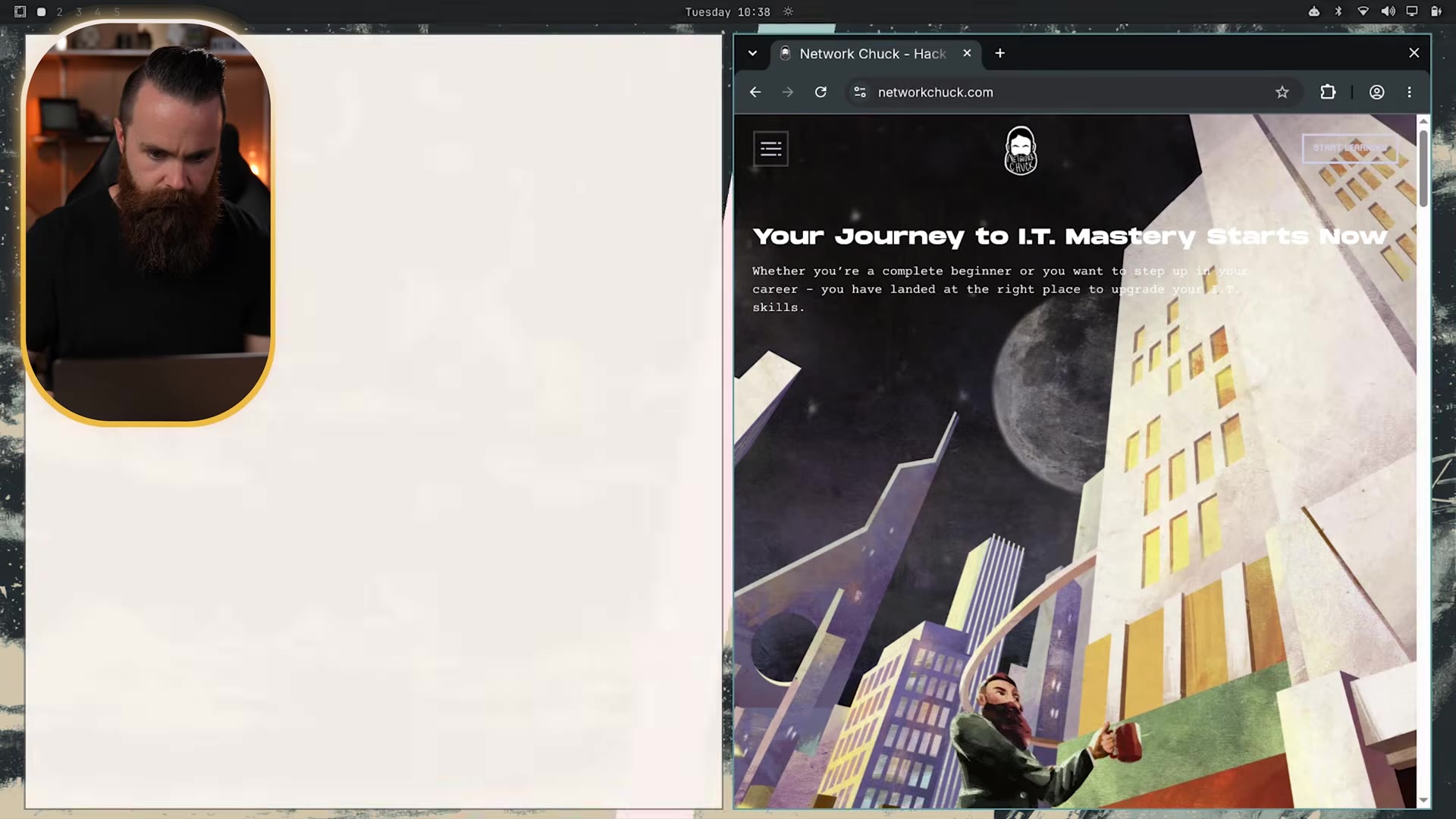 Omarchy tiling desktop with the Quickshell status bar and a browser pane
