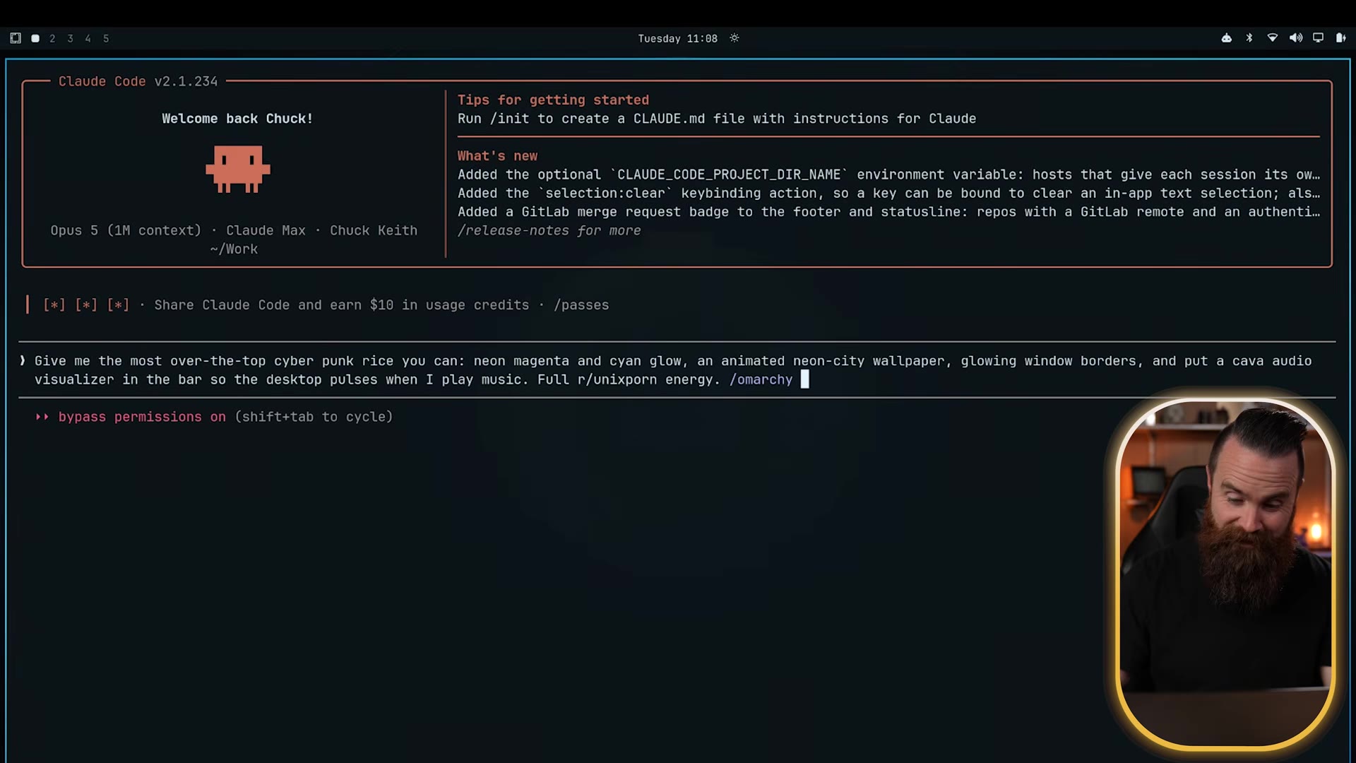 The /omarchy skill in Claude Code with a full cyberpunk ricing prompt