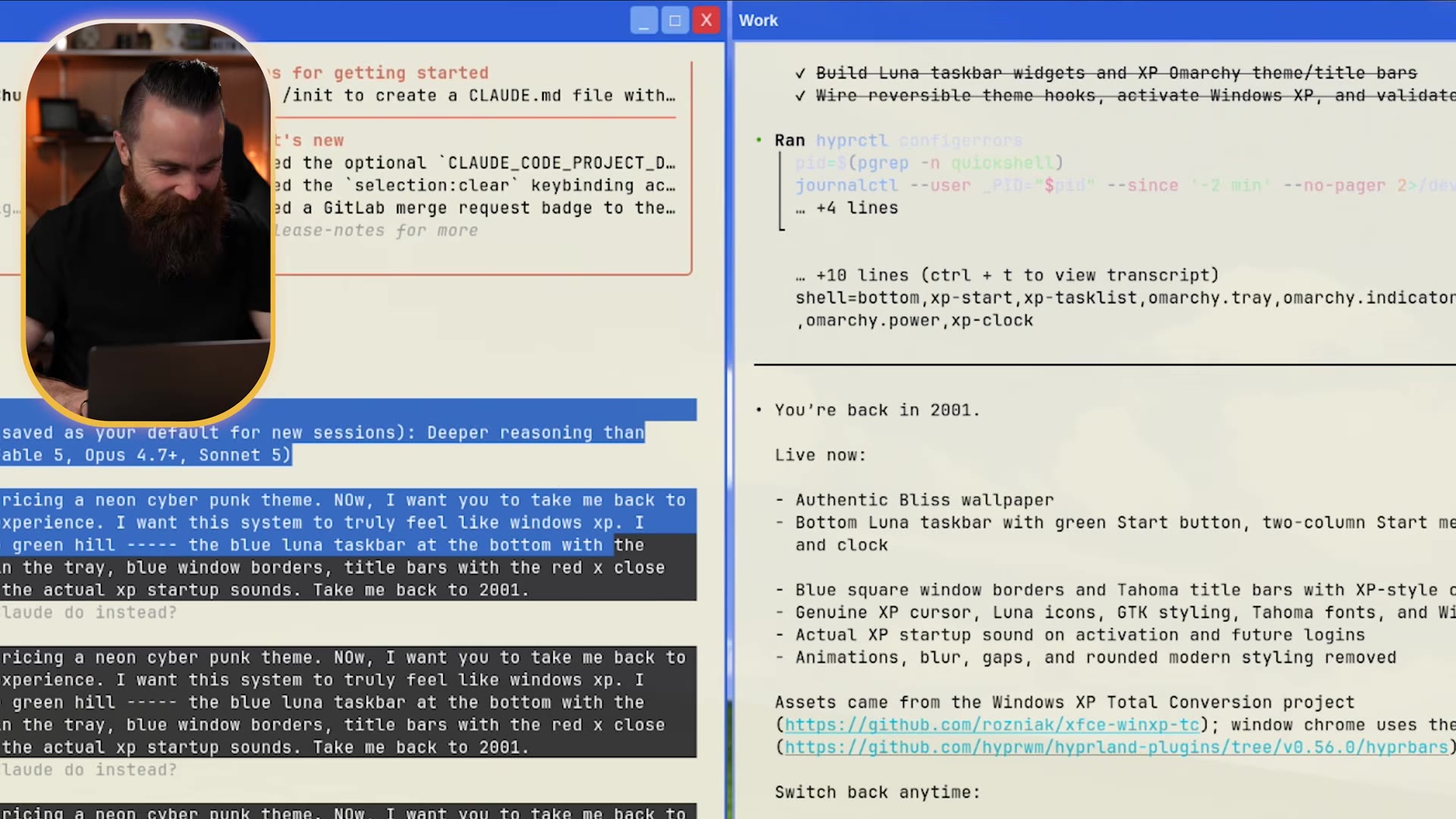 Claude Code building a Windows XP theme, listing the shell components and source repos