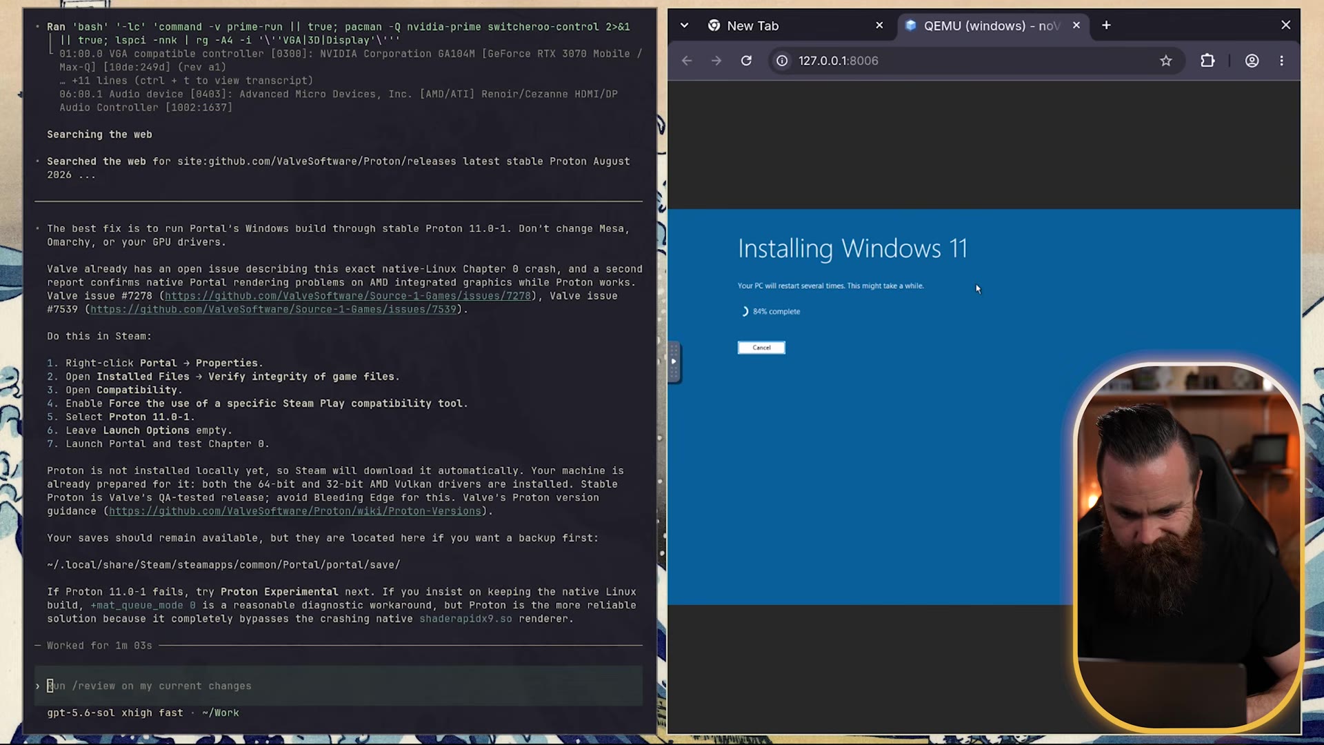Windows 11 installing inside a QEMU VM viewed through noVNC in the browser